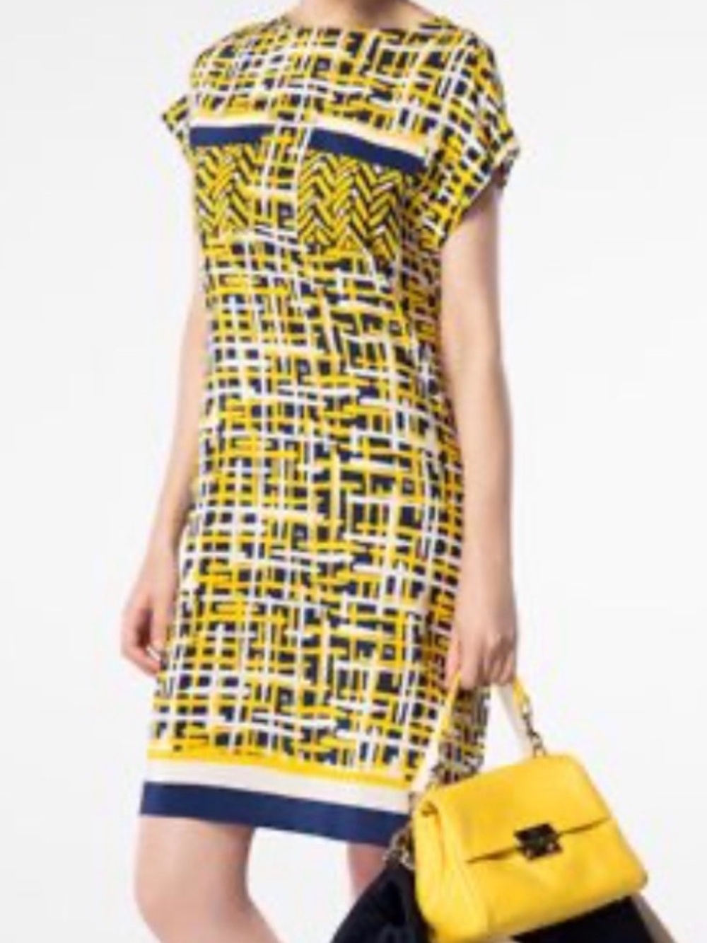 Carolina Herrera Silk Geometric Dress Yellow Blue White Size XXS Short Sleeve